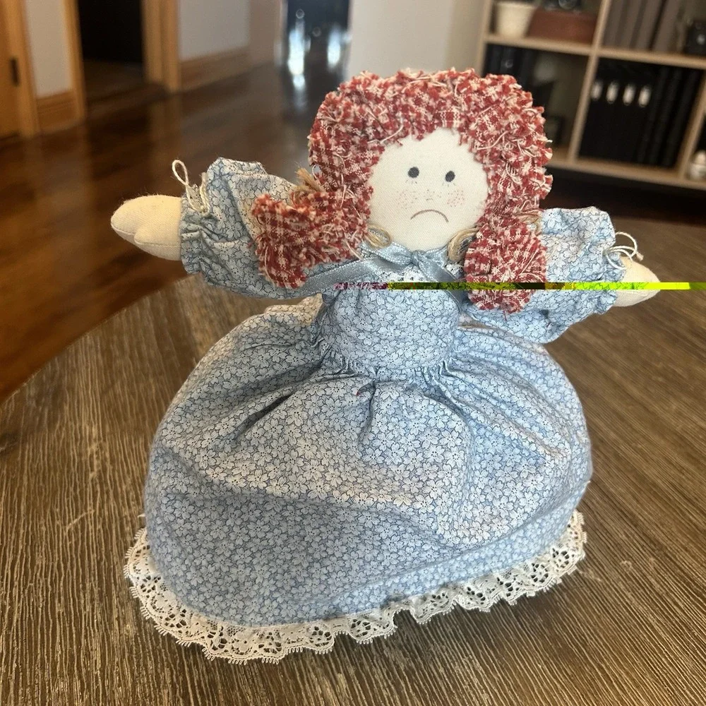 Vintage Handmade Primitive Rag Doll Reversible Happy Sad Cloth Doll Floral 10